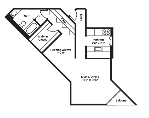 Floor plan for studio, 1 bath, 675 sqft